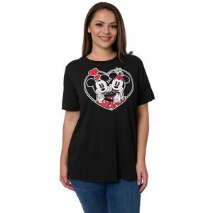 New Disney Womens Plus Size Mickey and Minnie Mouse T-Shirt Heart Hugs Black